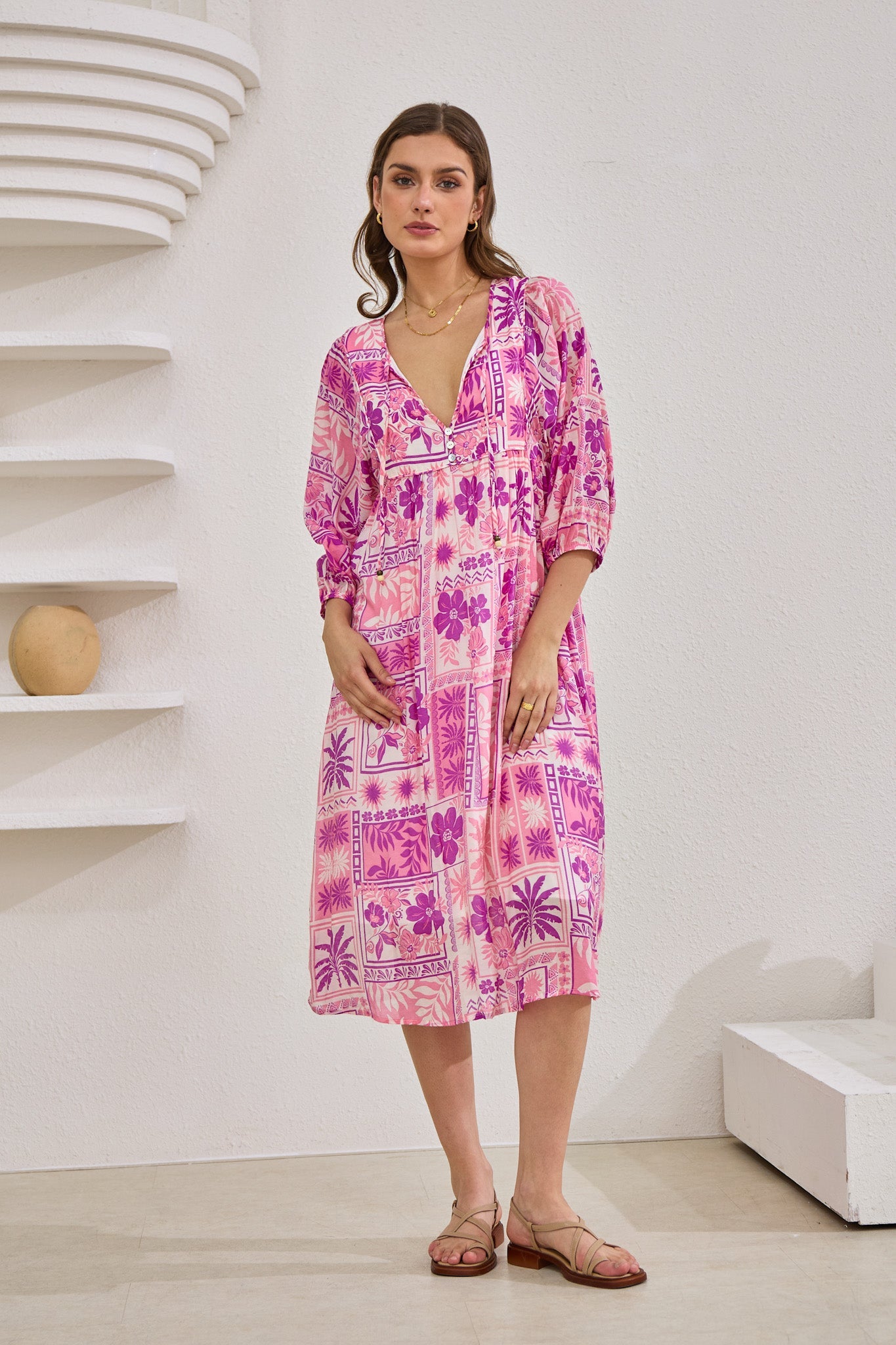 Helena Pink Abstract Shells Midi Dress Helena Pink Abstract Shells Midi Dress