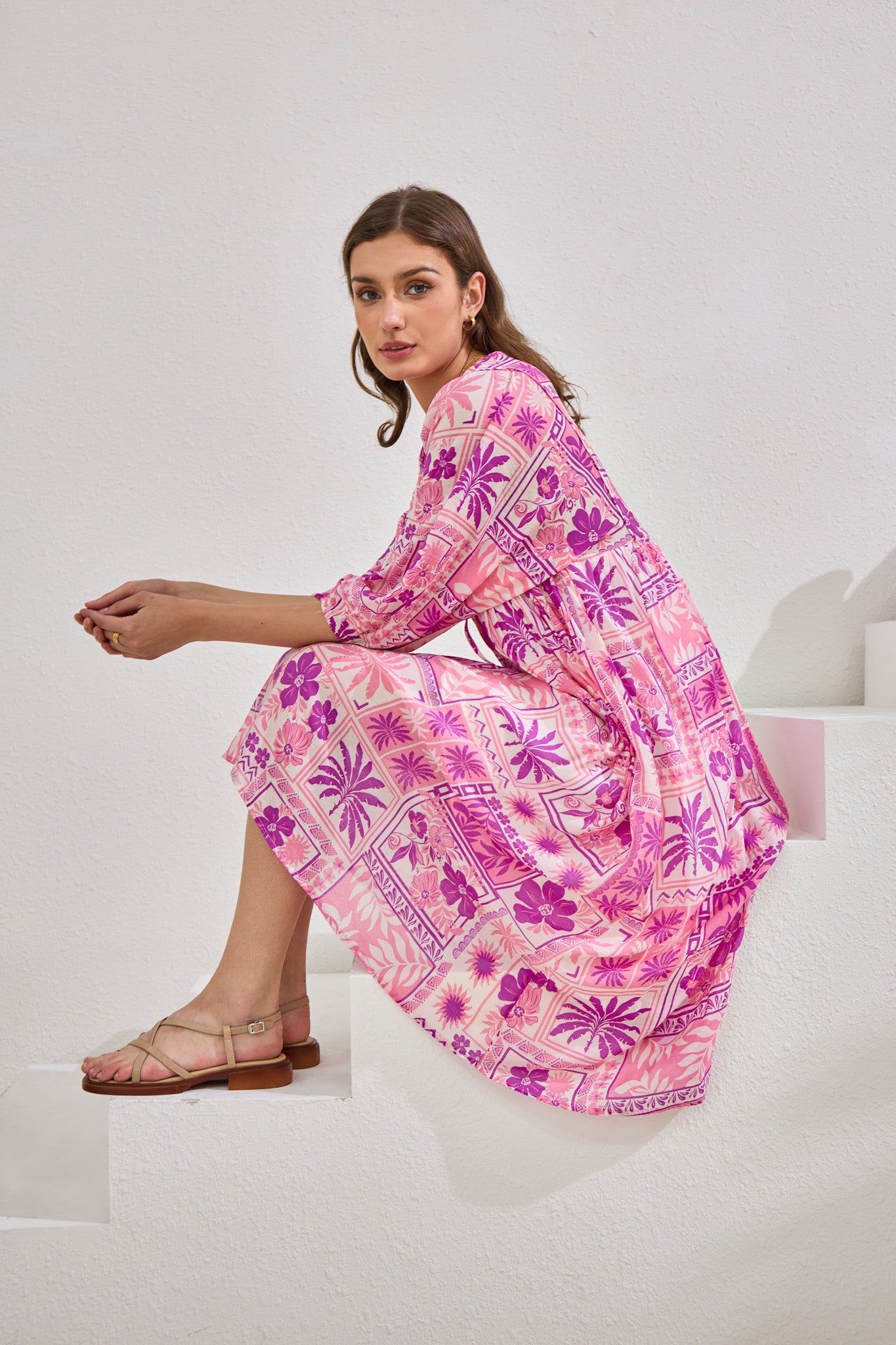 Helena Pink Abstract Shells Midi Dress Helena Pink Abstract Shells Midi Dress