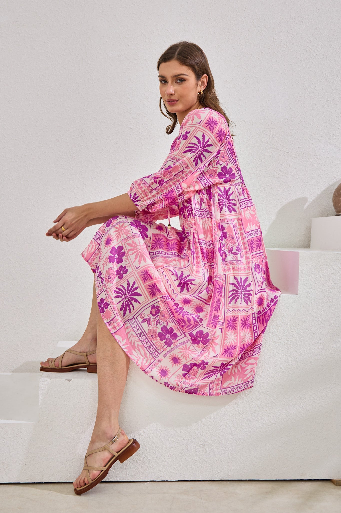 Helena Pink Abstract Shells Midi Dress Helena Pink Abstract Shells Midi Dress