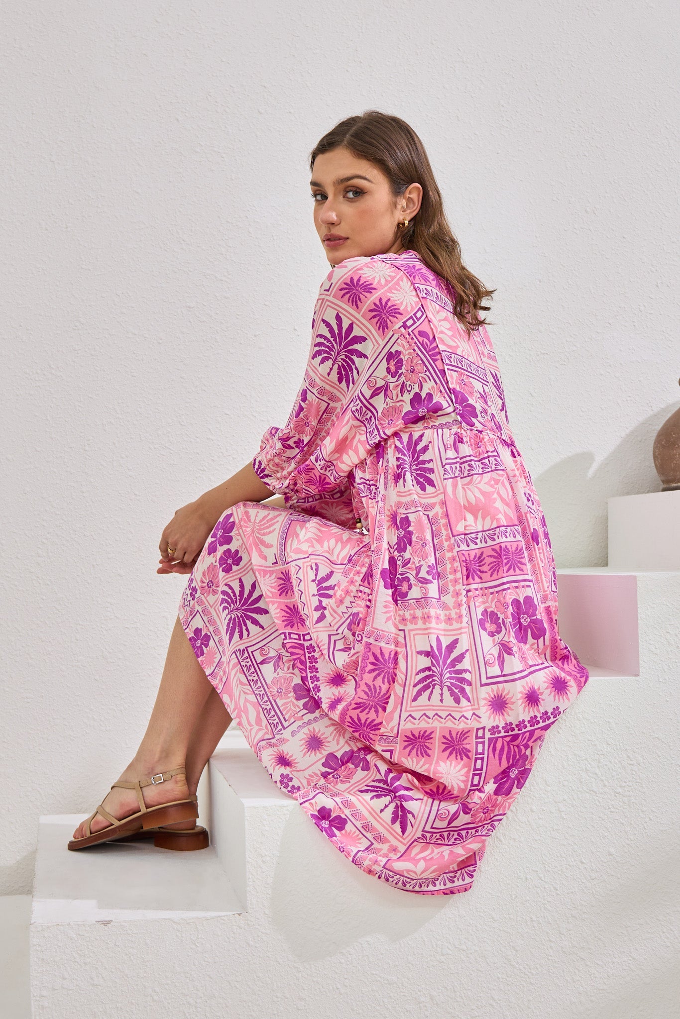 Helena Pink Abstract Shells Midi Dress Helena Pink Abstract Shells Midi Dress