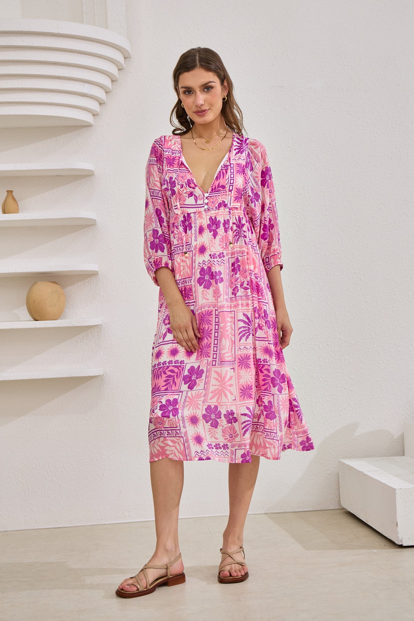 Helena Pink Abstract Shells Midi Dress Helena Pink Abstract Shells Midi Dress