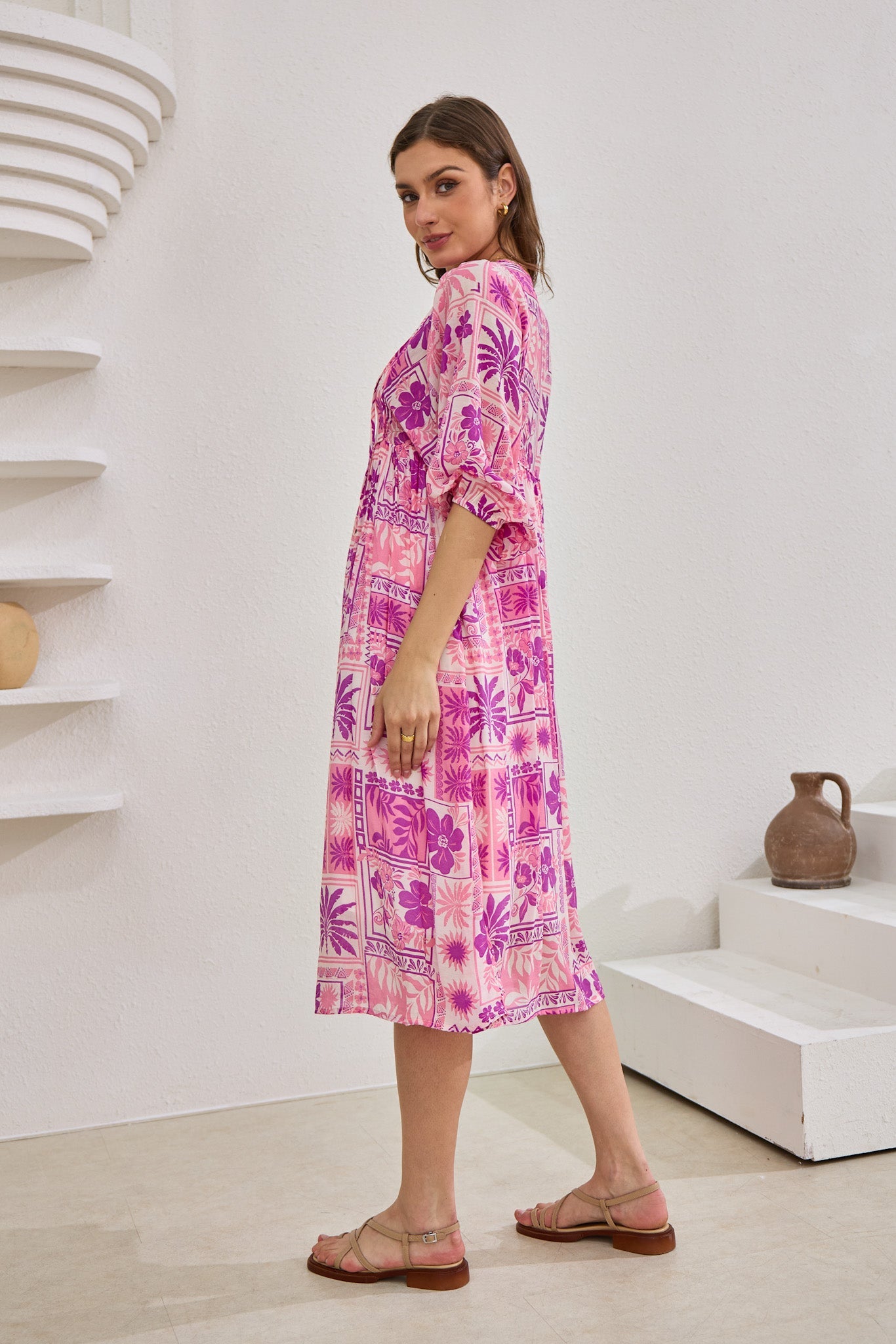 Helena Pink Abstract Shells Midi Dress Helena Pink Abstract Shells Midi Dress