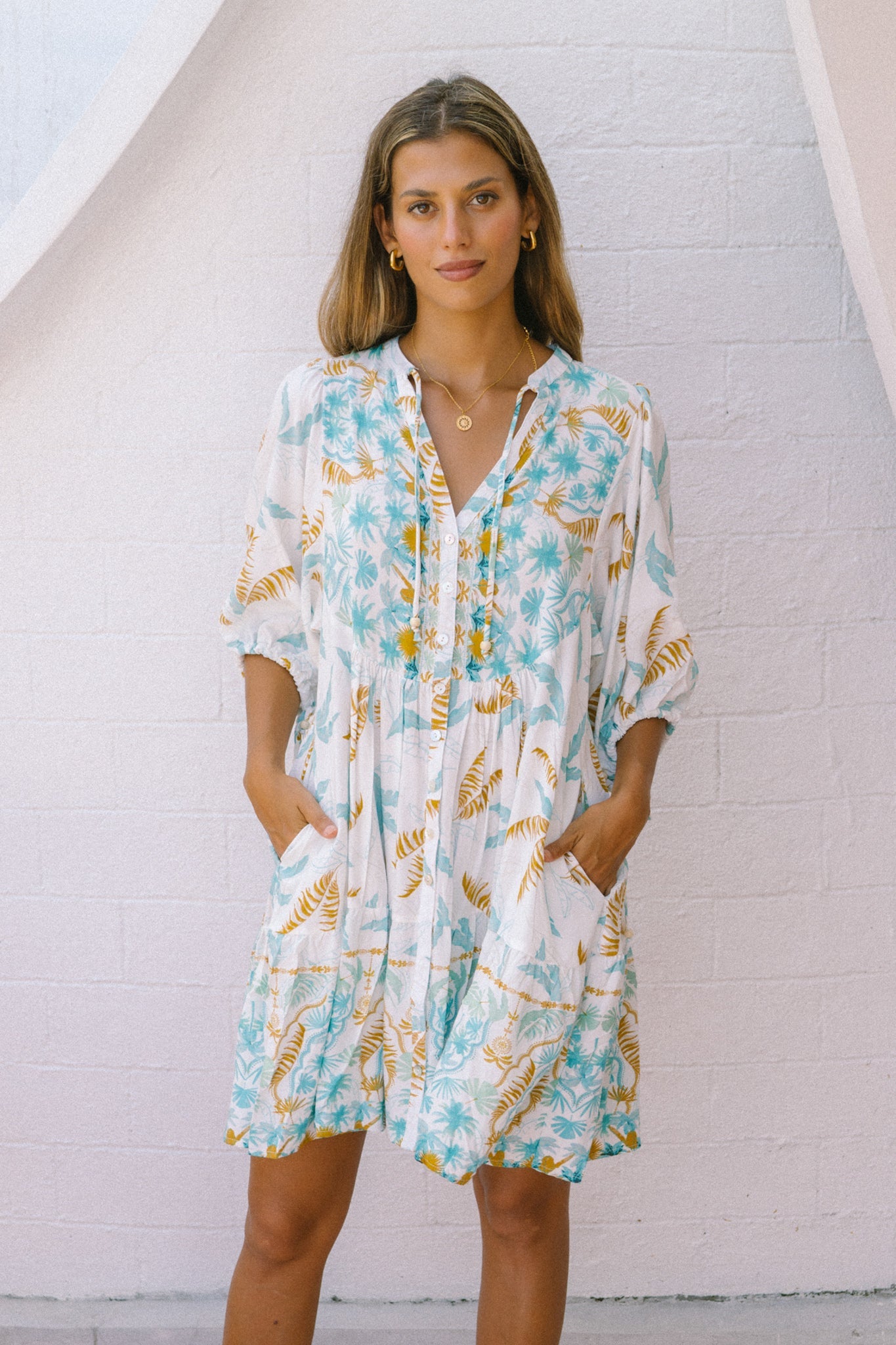 Wisteria Blue Floral Boho Button Down Mini Dress Wisteria Blue Floral Boho Button Down Mini Dress