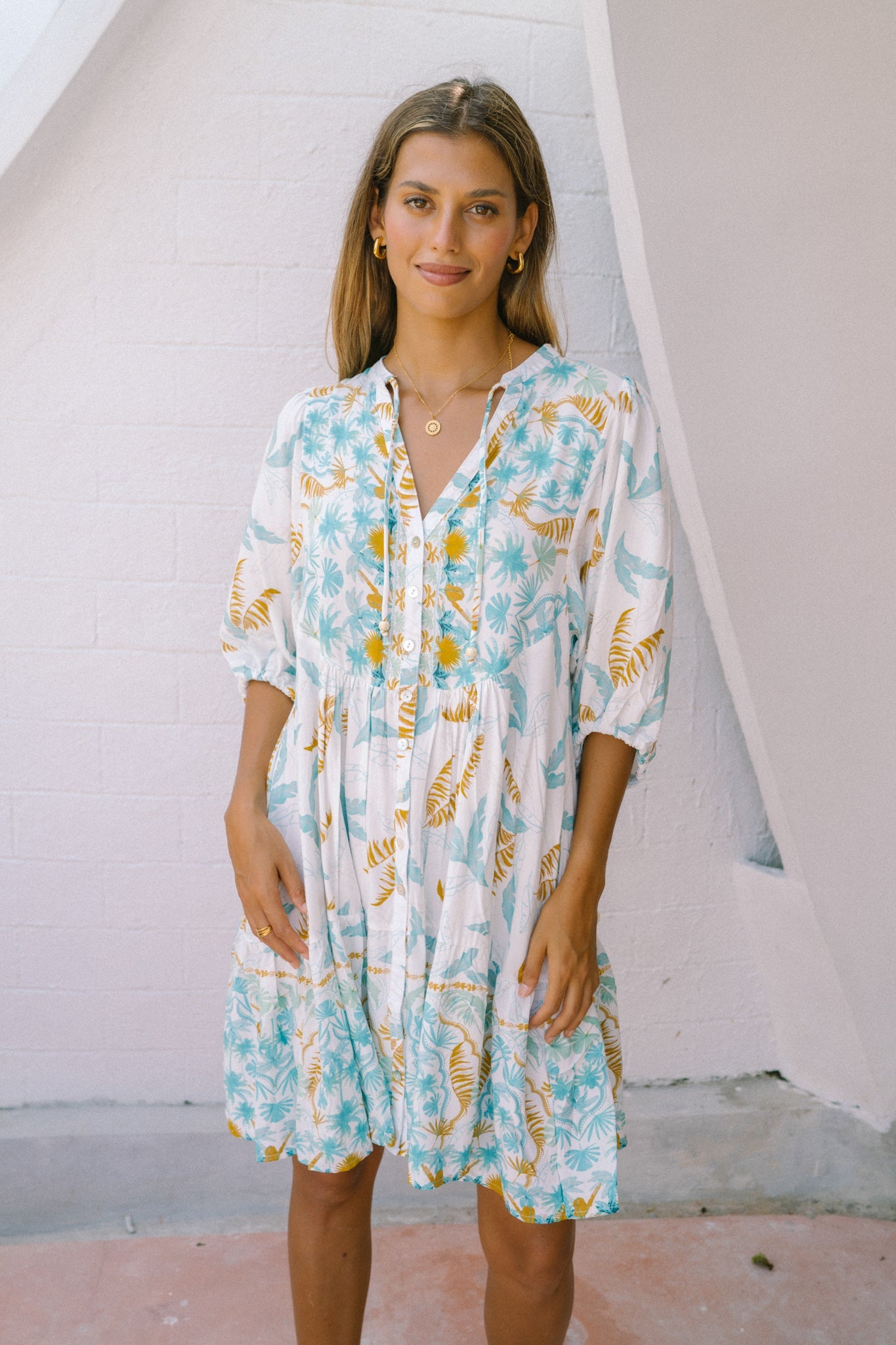 Wisteria Blue Floral Boho Button Down Mini Dress Wisteria Blue Floral Boho Button Down Mini Dress