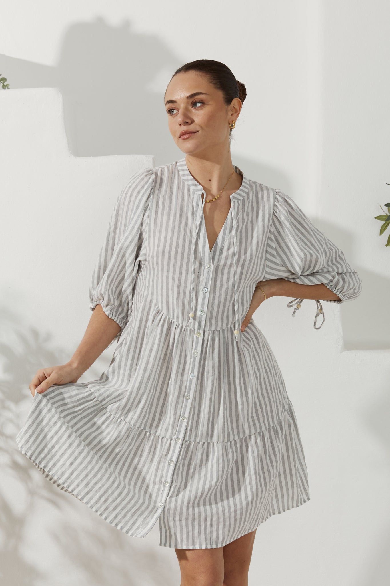 Avelie Grey Stripe Button Down Mini Dress Avelie Grey Stripe Button Down Mini Dress