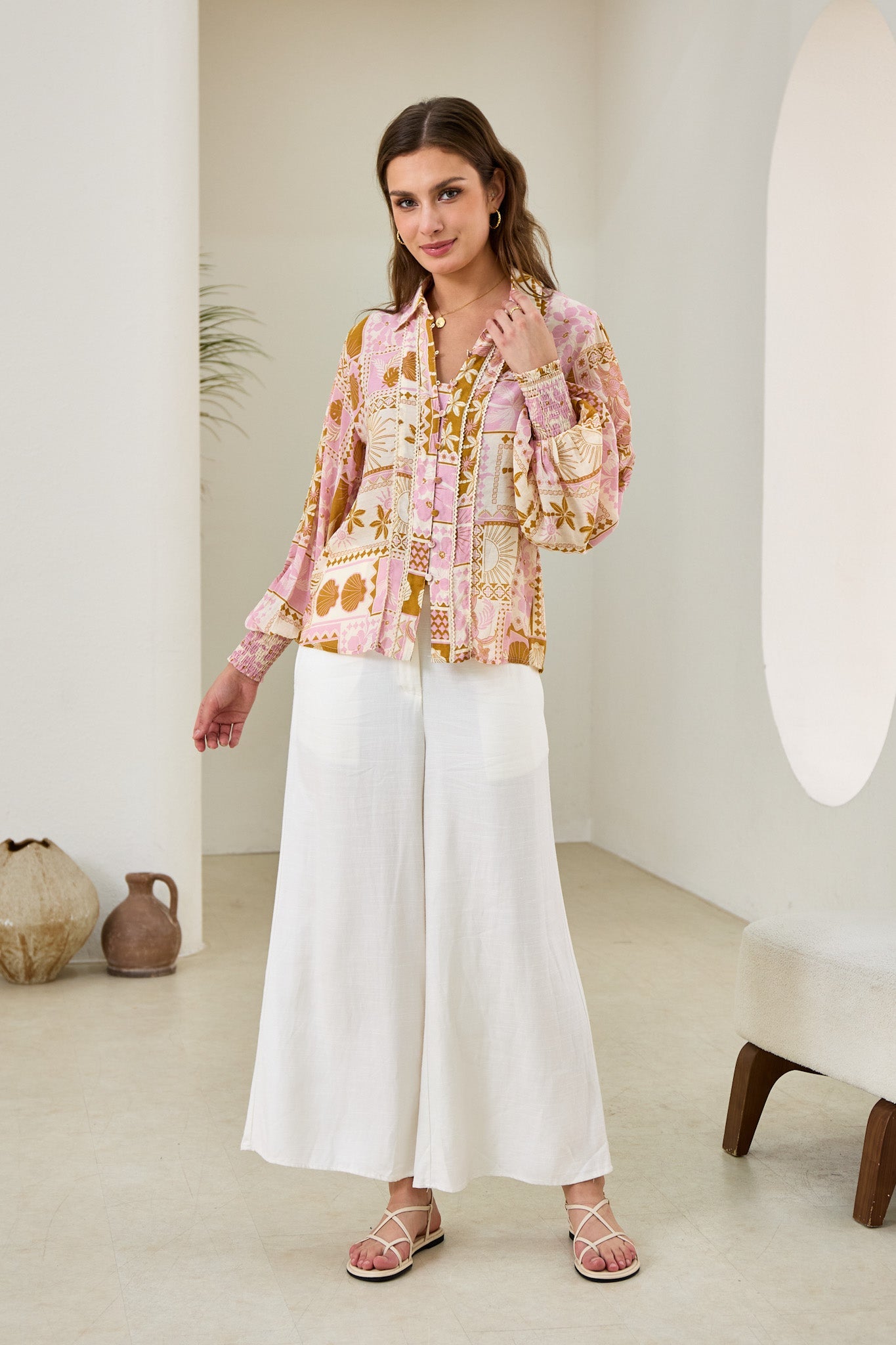 Helia Pink Abstract Shells Balloon Sleeve Blouse Helia Pink Abstract Shells Balloon Sleeve Blouse