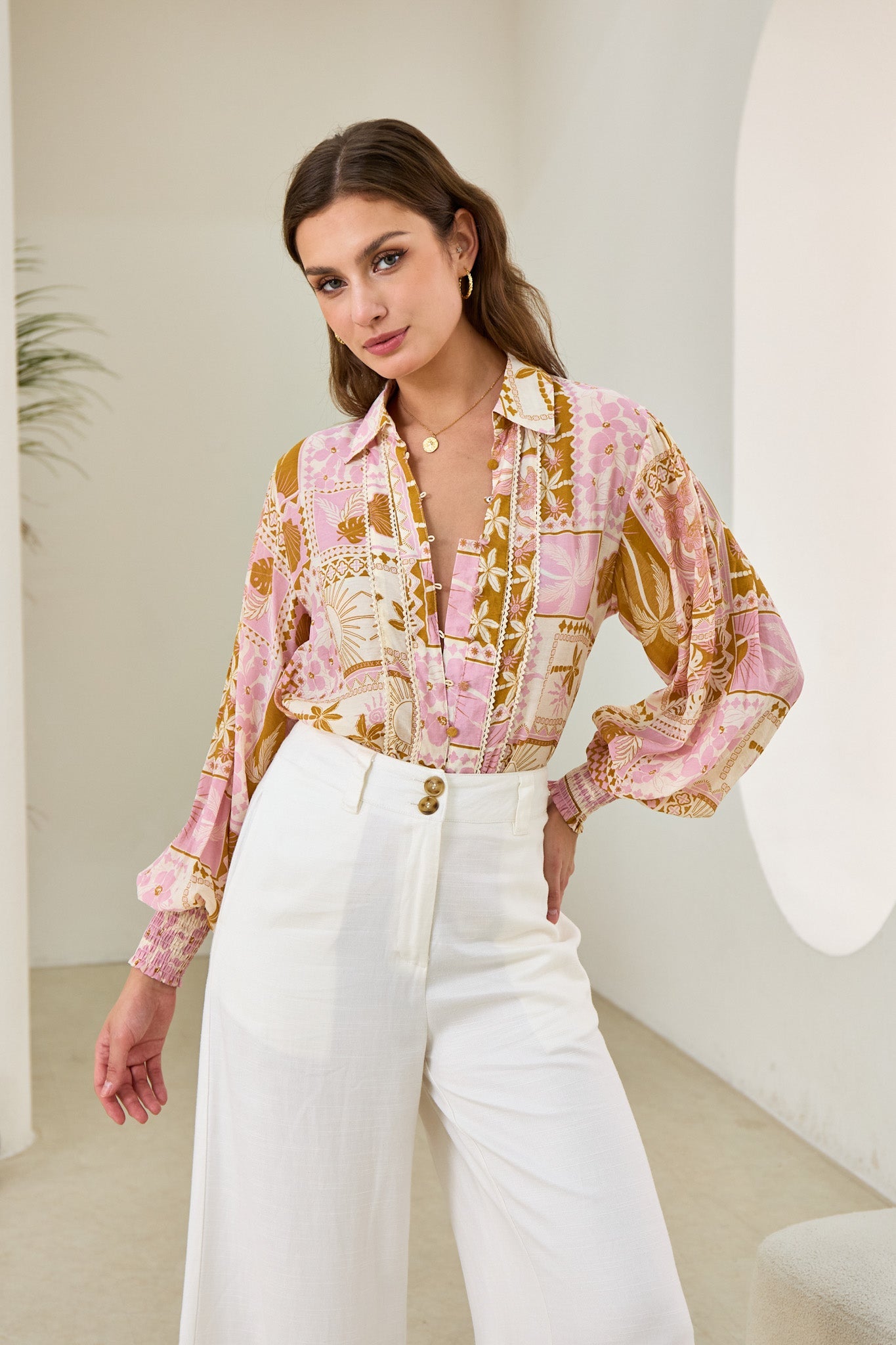 Helia Pink Abstract Shells Balloon Sleeve Blouse Helia Pink Abstract Shells Balloon Sleeve Blouse