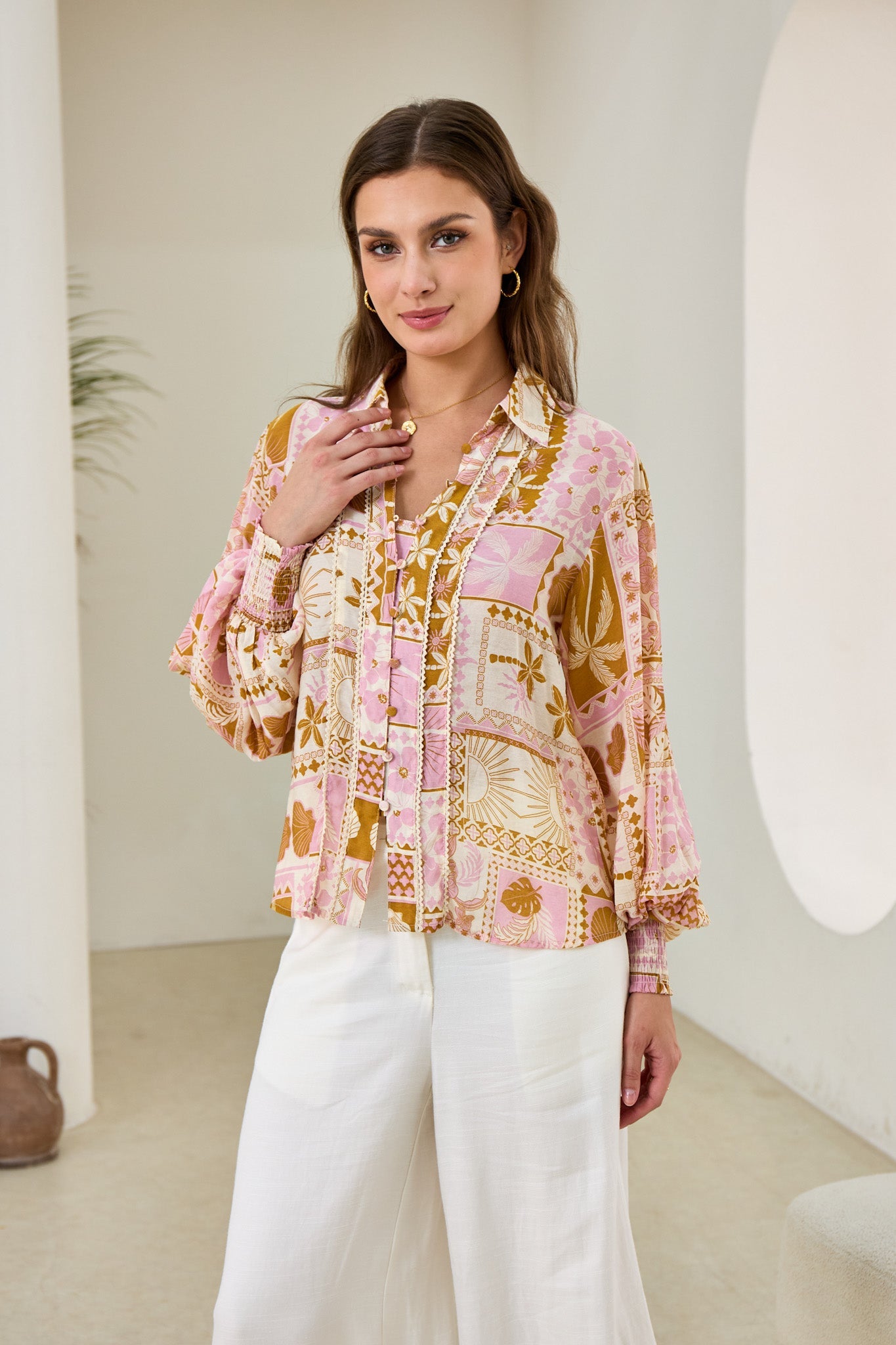 Helia Pink Abstract Shells Balloon Sleeve Blouse Helia Pink Abstract Shells Balloon Sleeve Blouse