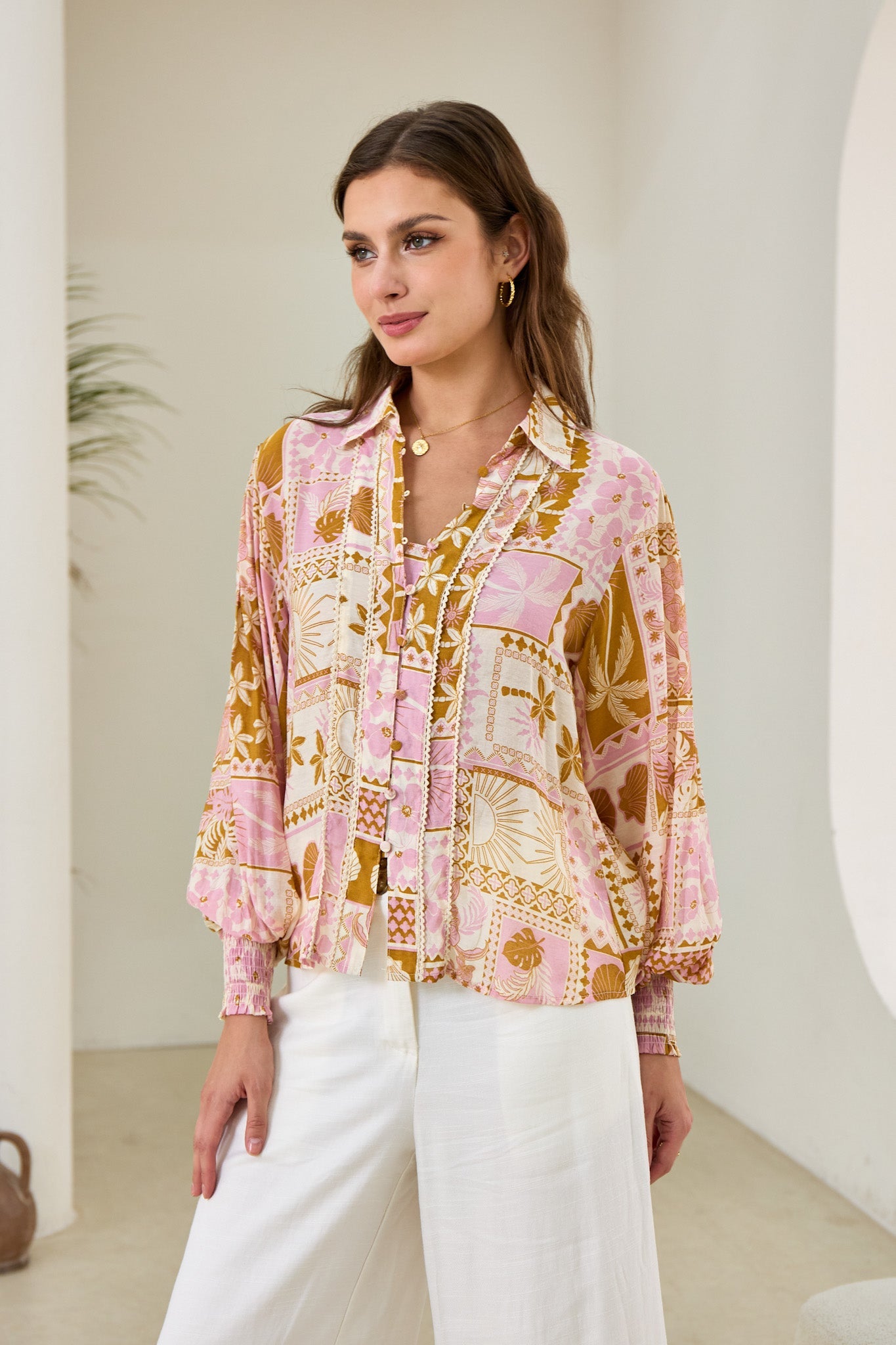 Helia Pink Abstract Shells Balloon Sleeve Blouse Helia Pink Abstract Shells Balloon Sleeve Blouse