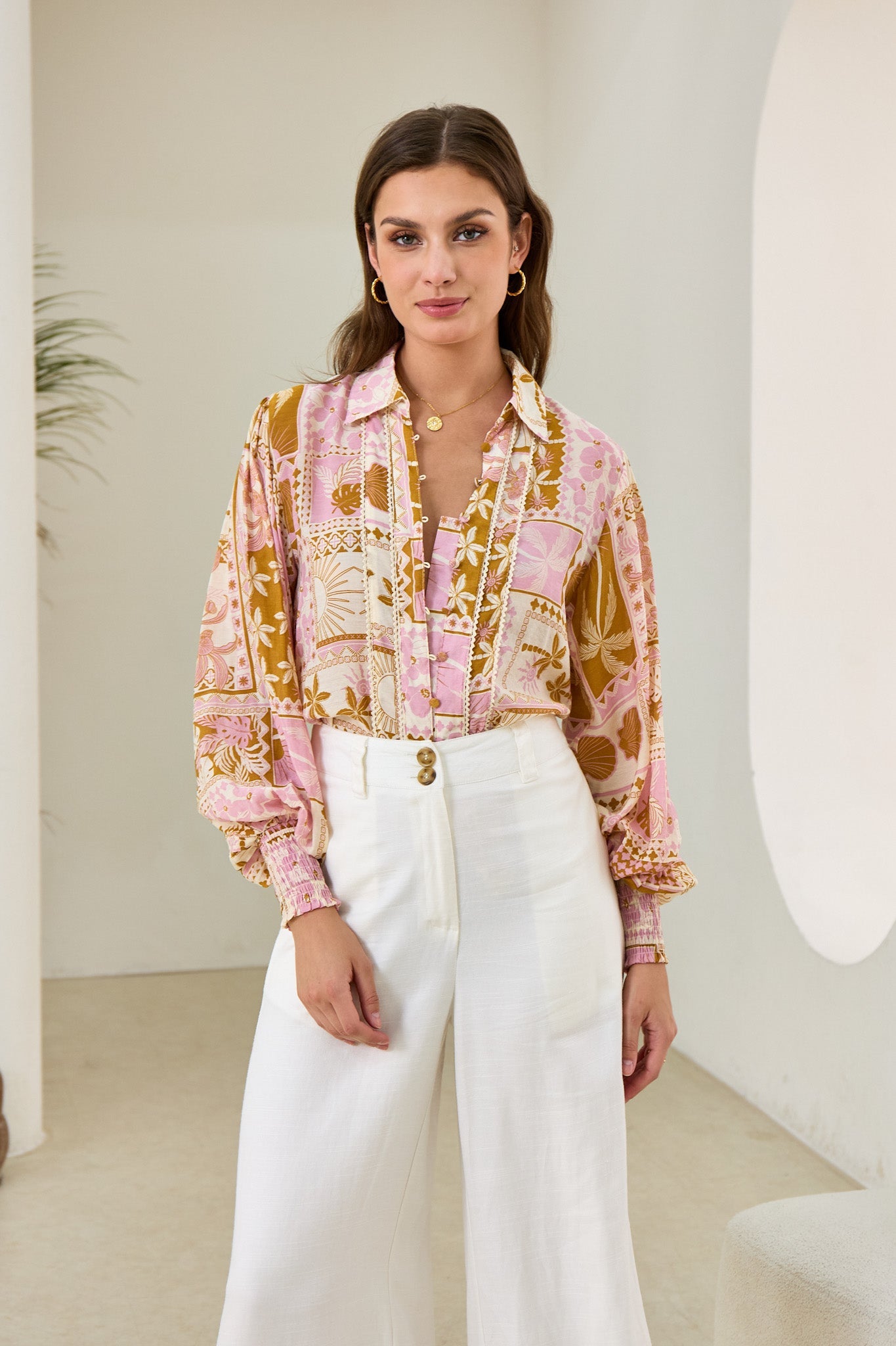 Helia Pink Abstract Shells Balloon Sleeve Blouse Helia Pink Abstract Shells Balloon Sleeve Blouse