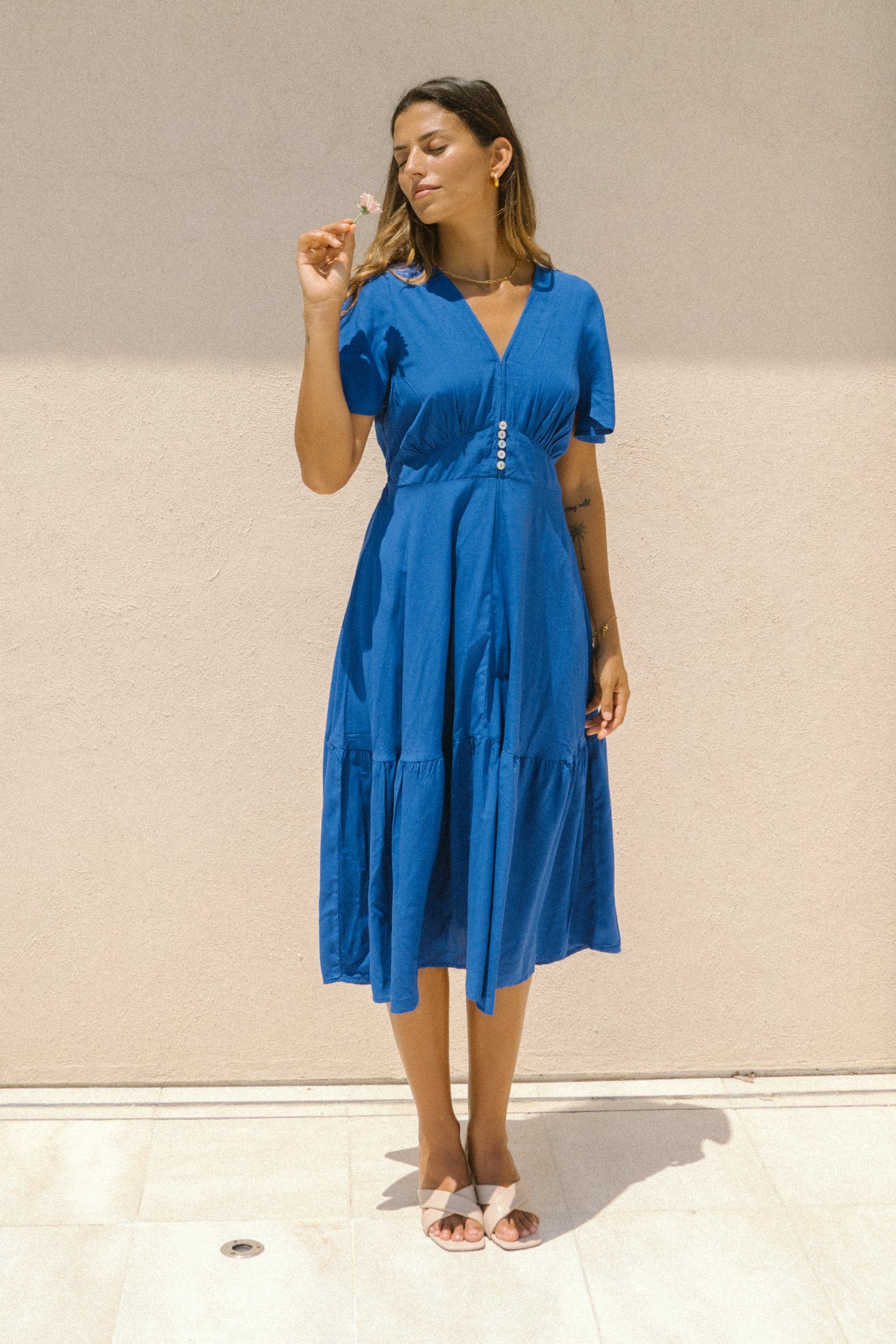 Elivia Blue Flared Sleeve Midi Dress Elivia Blue Flared Sleeve Midi Dress