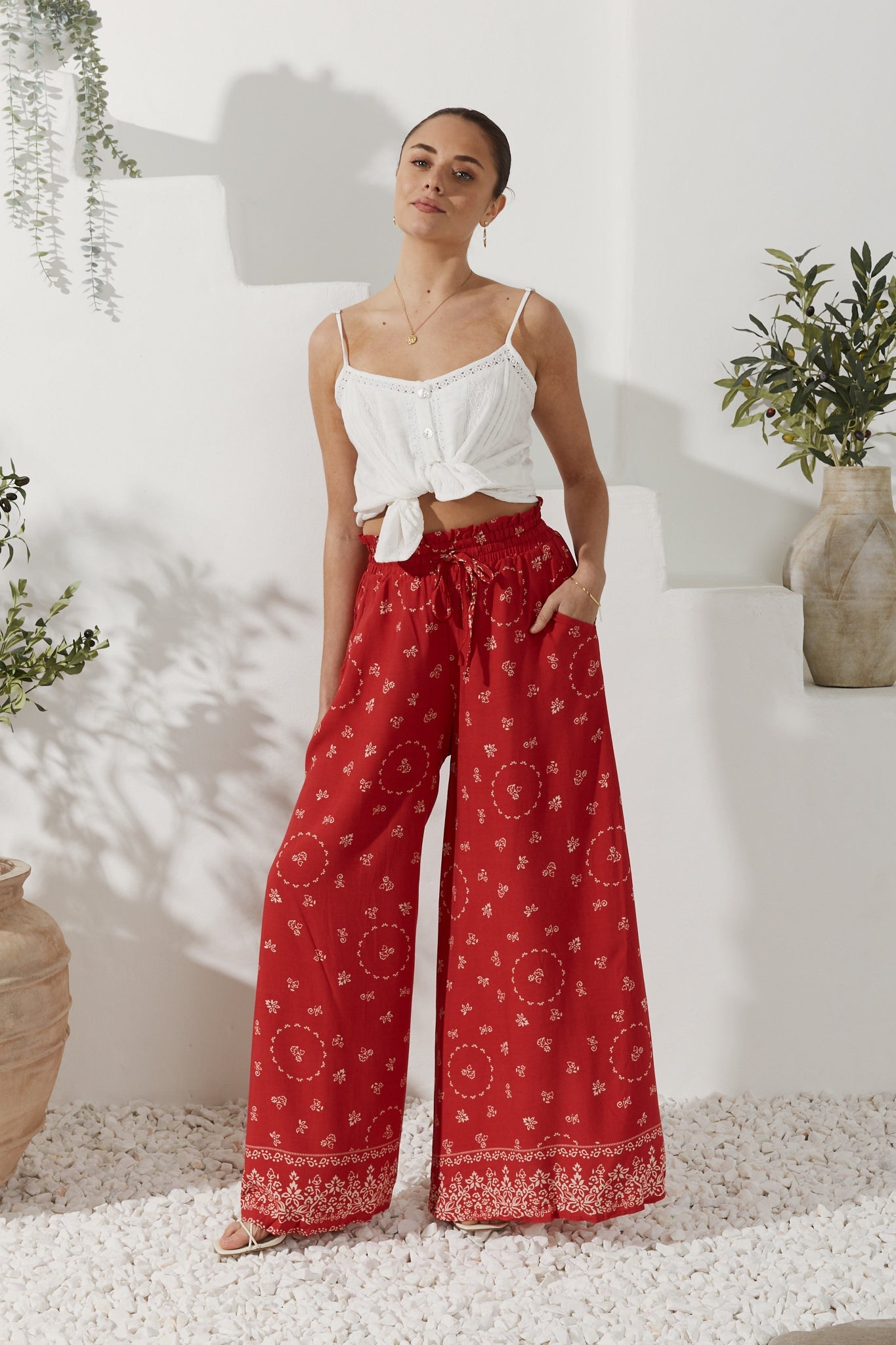 Elowen Red Boho Wide Leg Pants - Main Image